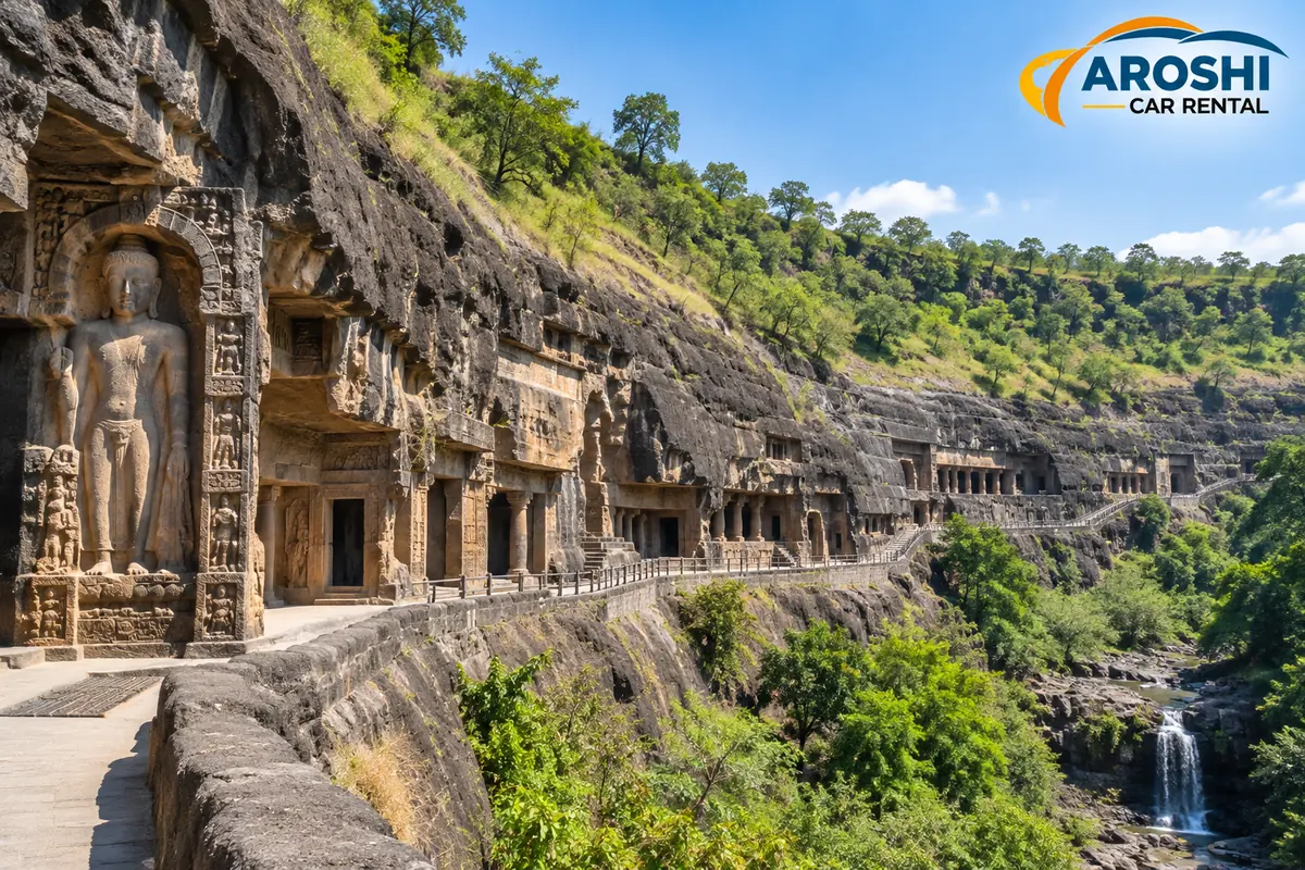 Buddhist rock-cut caves carved along a horseshoe-shaped gorge at Ajanta