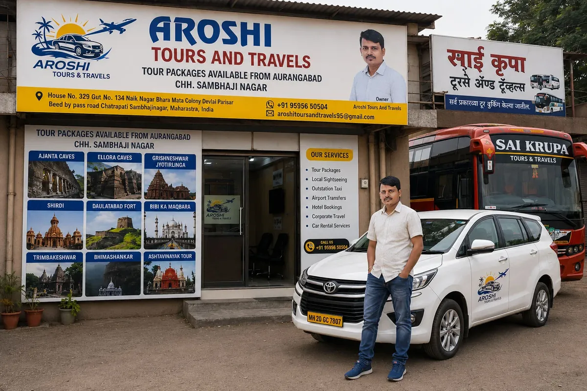 Dinesh Rathod, owner of Aroshi Car Rental, outside the Chhatrapati Sambhajinagar office
