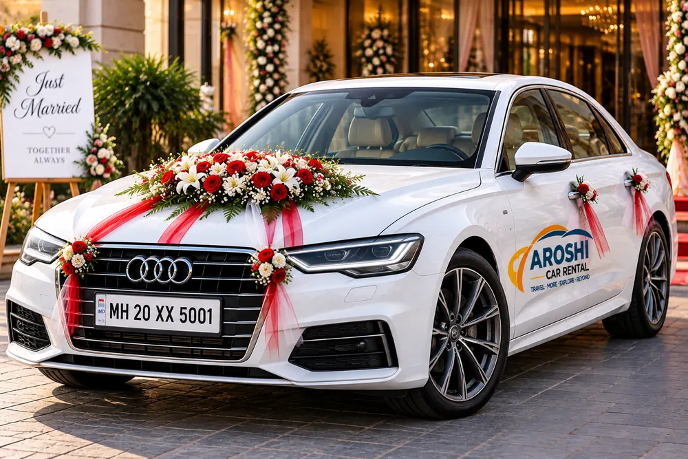 White Audi sedan decorated with flowers for a wedding