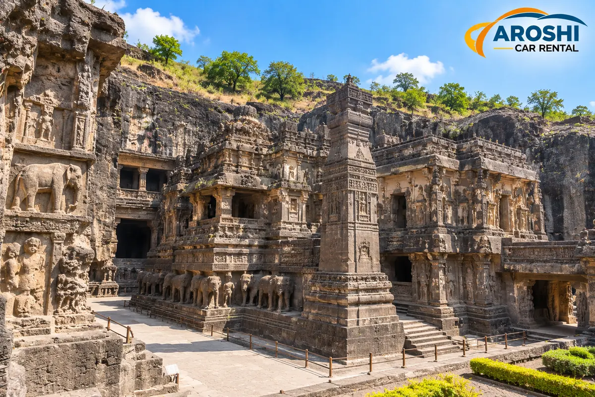 Kailasa Temple carved from a single rock at the Ellora Caves