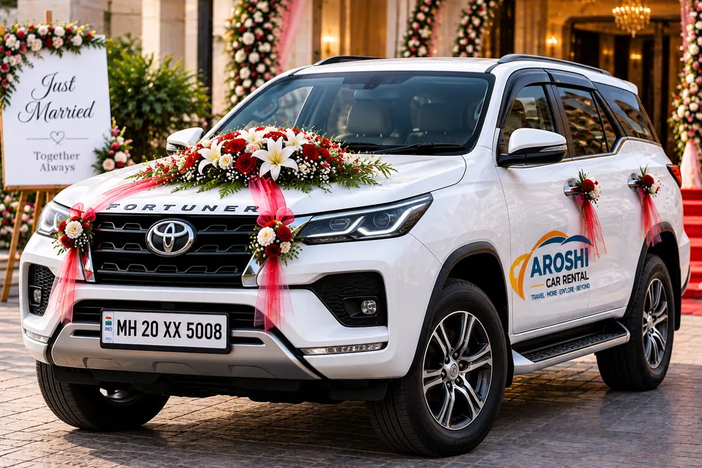 White Toyota Fortuner decorated with flowers for a wedding