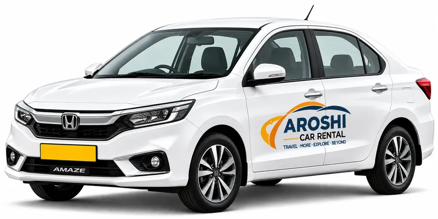 White Honda Amaze sedan with Aroshi Car Rental branding