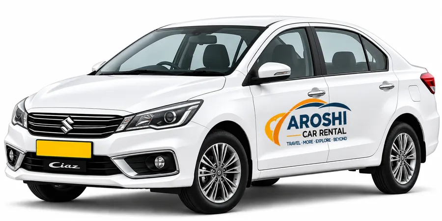 White Maruti Ciaz sedan with Aroshi Car Rental branding