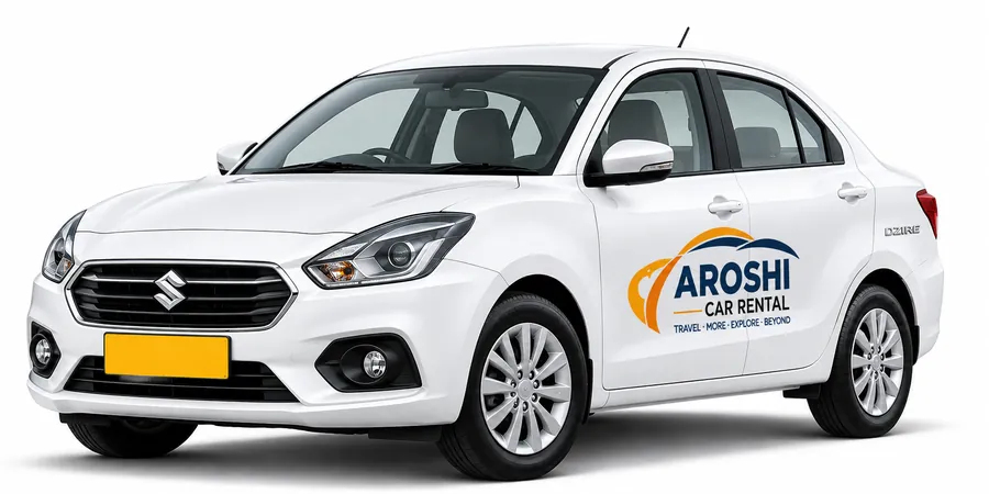 White Maruti Dzire sedan with Aroshi Car Rental branding