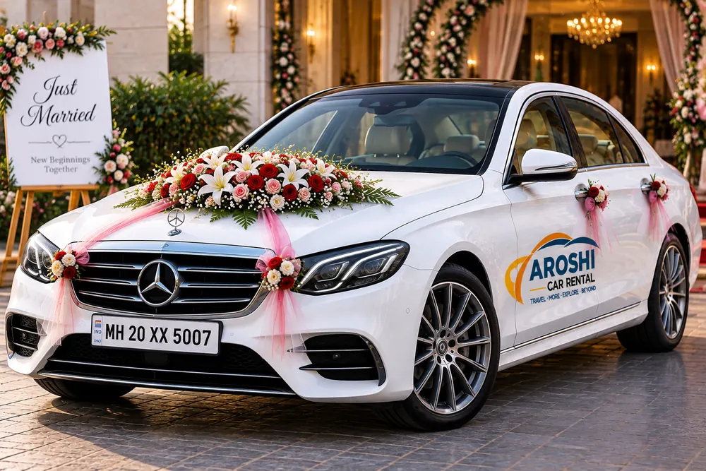 White Mercedes-Benz sedan decorated with flowers for a wedding