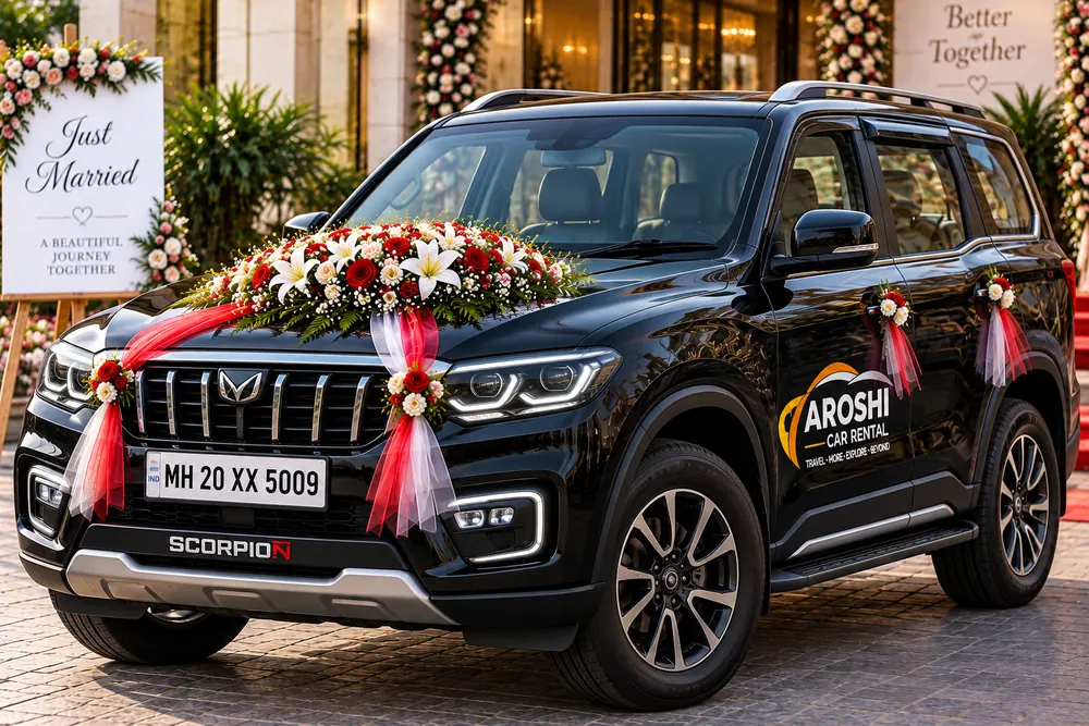 Black Mahindra Scorpio N decorated with flowers for a wedding