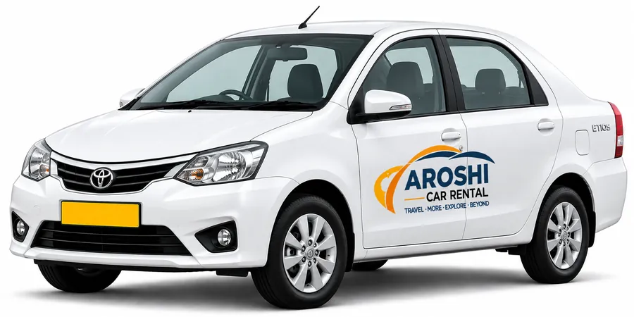 White Toyota Etios sedan with Aroshi Car Rental branding